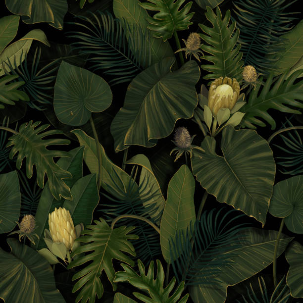 Tropical exotic seamless pattern with protea flowers in tropical leaves Tropical exotic seamless pattern with protea flowers in tropical leaves. Hand-drawn 3D illustration. Good for design wallpapers, fabric printing, wrapping paper, cloth, notebook covers. taro leaf stock illustrations