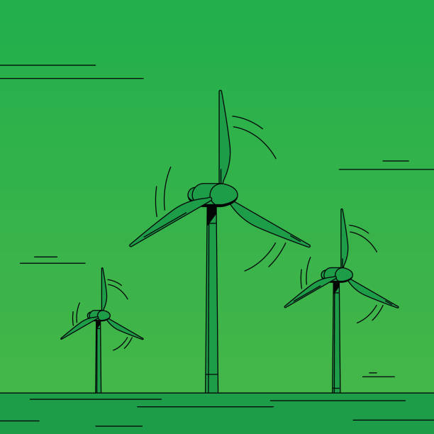 illustrations, cliparts, dessins animés et icônes de parc éolien, trois éoliennes hautes produisant de l’énergie renouvelable. - energy efficiency illustrations