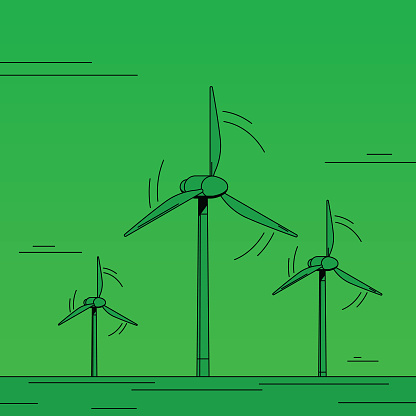 Wind power farm, three tall wind turbine generating renewable energy.