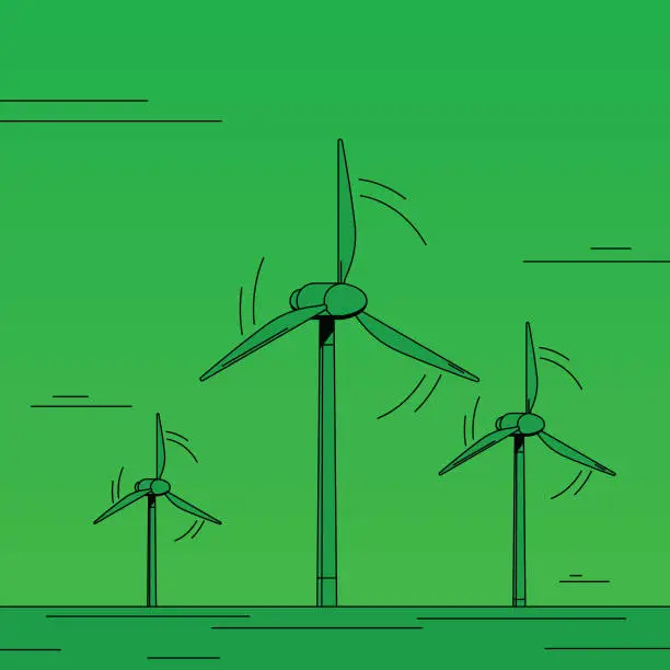 Vector illustration of Wind power farm, three tall wind turbine generating renewable energy.