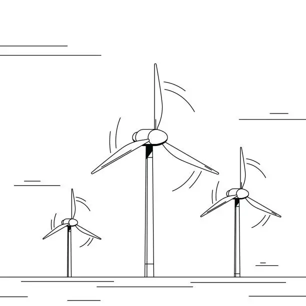 Vector illustration of Wind power farm, three tall wind turbine generating renewable energy. Black and white illustration with minimalistic shading.