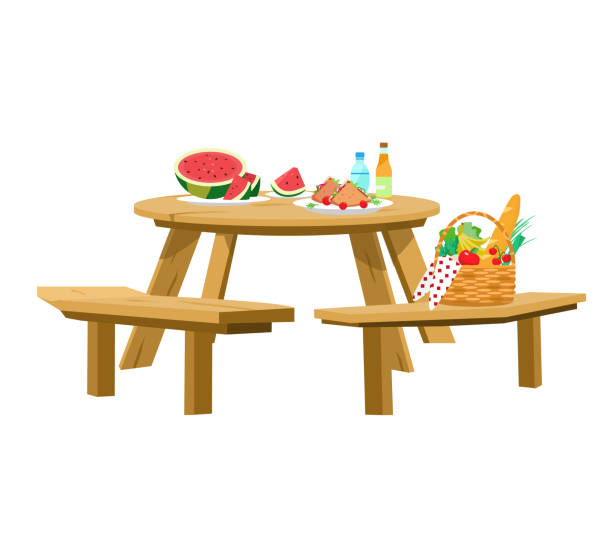 Vector illustration of served picnic table isolated on white. Vector illustration of served picnic table isolated on white. Picnic basket, watermelon with slices, sandwiches, water, lemonade. Round wooden table with benches. banana seat stock illustrations