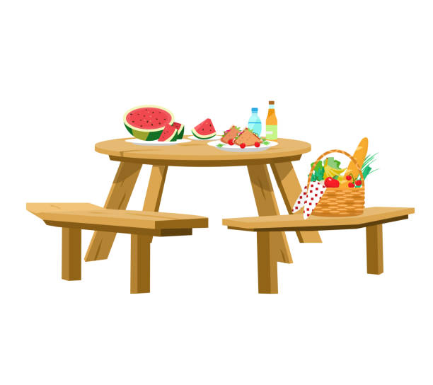 Vector illustration of served picnic table isolated on white. Vector illustration of served picnic table isolated on white. Picnic basket, watermelon with slices, sandwiches, water, lemonade. Round wooden table with benches. bottled water on table stock illustrations