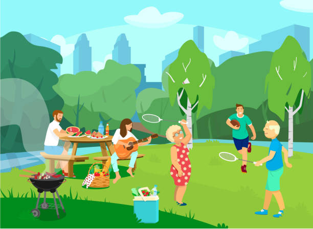 ilustrações de stock, clip art, desenhos animados e ícones de public park with people having picnic and barbecue, playing rugby, badminton - rugby cartoon team sport rugby field