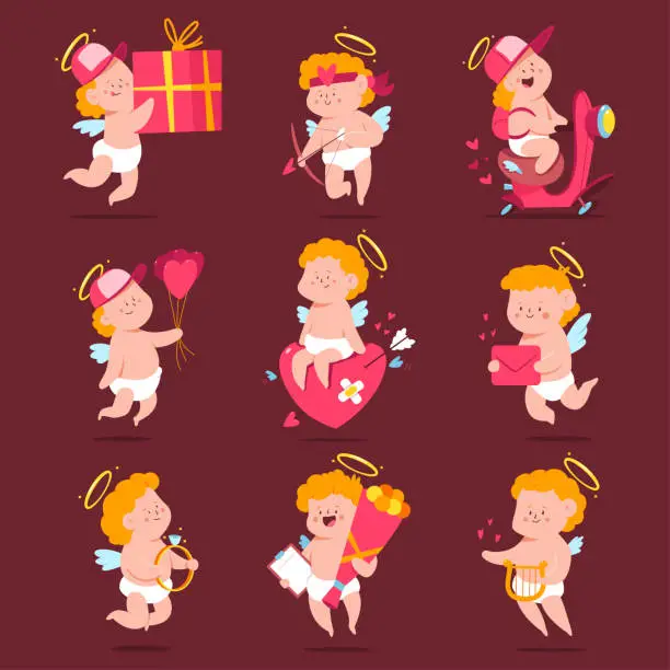 Vector illustration of Valentines day delivery with cute cupid characters vector cartoon set isolated on background.