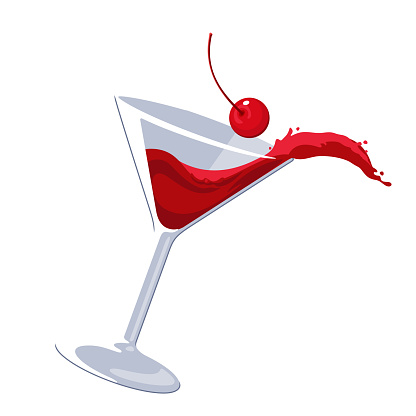 Splashing Cosmopolitan red cocktail with cherry in Martini glass goblet vector illustration