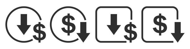 pfeil-dollar-euro-symbol-set. "ost-reduktions- und wachstums-business-ikonen. - cutting finance currency reduction stock-grafiken, -clipart, -cartoons und -symbole