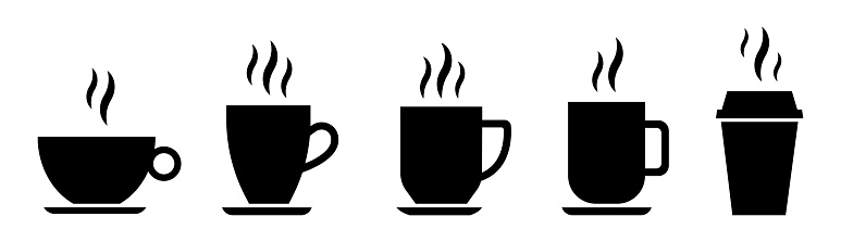 Coffee cup icon set. Cups for coffee and tea. Cup with steam isolated on white background. Hot drink silhouette. Vector illustration eps10.