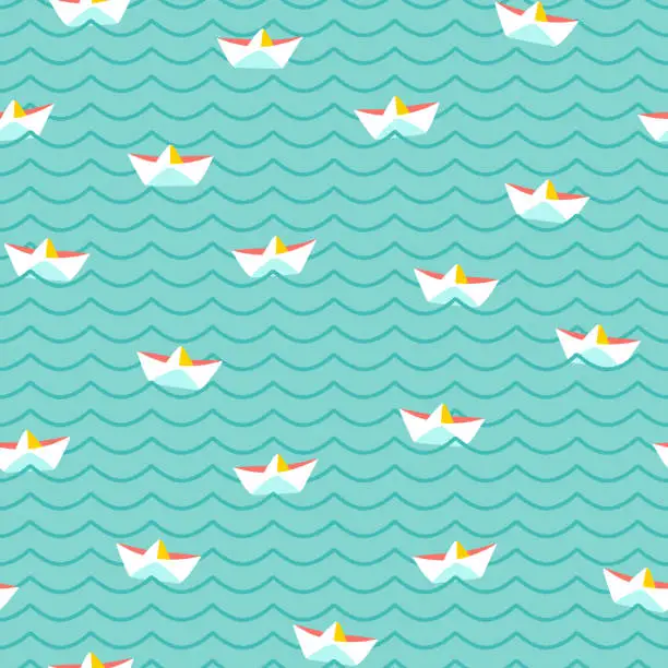 Vector illustration of Cute paper boats seamless vector pattern. Colorful summer design with hand drawn paper boats on turquoise waves.