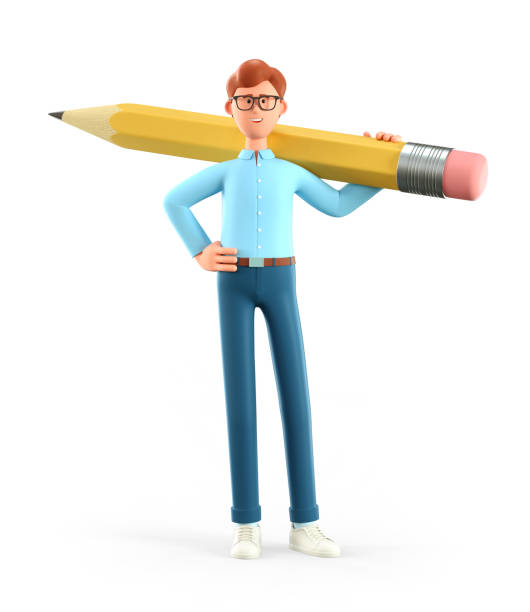 ilustracja 3d uśmiechniętego kreatywnego człowieka trzymającego duży ołówek na ramieniu i generującego pomysły. kreskówka stojący biznesmen, odizolowany na białym tle. - generating zdjęcia i obrazy z banku zdjęć