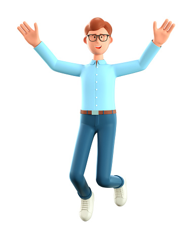 3D illustration of happy smiling man jumping celebrating success. Cartoon winning businessman with his hands in the air, isolated on white background.
