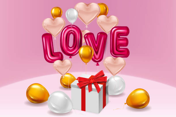 istock Love red helium metallic glossy balloons realistic text, box gift, inerior, heart shape flying pink balloons, party, decoration, greeting card. Vector banner flyer isolated 1295964393