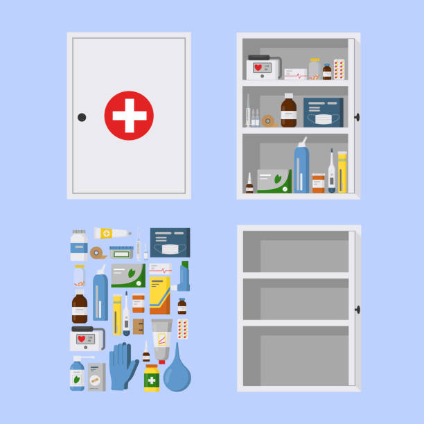 istock Medicine cabinet for safe medication storage with open and closed door. 1295965094