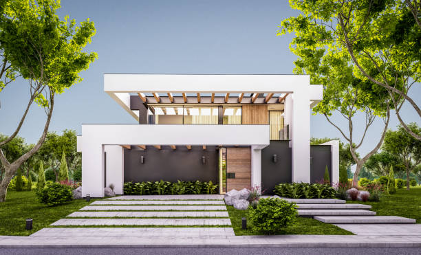 istock 3d rendering of modern house in luxurious style in evening 1295965898