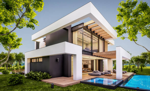 istock 3d rendering of modern house in luxurious style in evening 1295965922