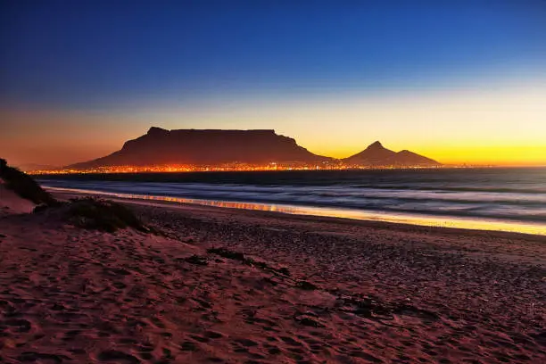 Scene after sunset looking towards Cape Town's famous Table Mountain from the coastline at Blouberg.