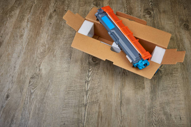Cyan toner cartridge unboxing for laser printer