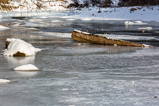 Frozen river in Winter covered with Ice and snow.