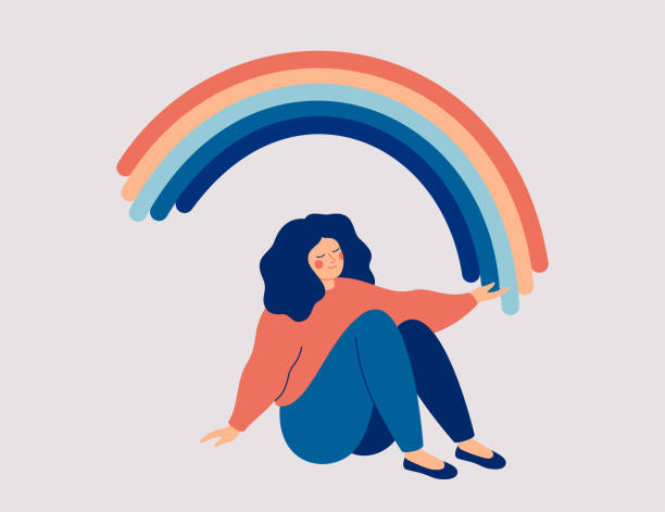 Happy woman sits on the floor and draws her arms to the rainbow. Smiled girl creates good vibe around her. Happy woman sits on the floor and draws her arms to the rainbow. Smiled girl creates good vibe around her. Smiling female character enjoys her freedom and life. Body positive and health care concept mindfulness children stock illustrations