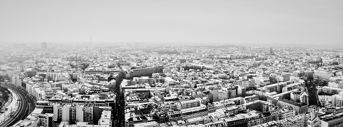 Paris city rooftop view with Napoleon's tomb in black and white.