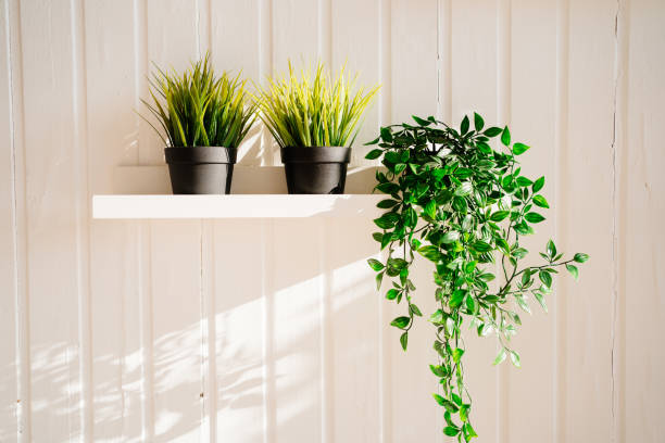 istock artificial flowers in pots on shelves against the white wall. 1295971901