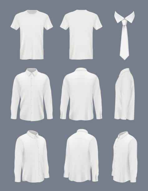 illustrazioni stock, clip art, cartoni animati e icone di tendenza di camicia da lavoro da uomo. camicia di lusso maschile con maniche lunghe e abiti cravatta mockup uniformi discrete immagini vettoriali set - camicia