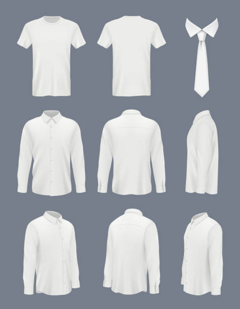 koszula biznesowa dla mężczyzn. męska luksusowa koszula z długim rękawem i krawatem ubrania makiety mundury przyzwoity zestaw zdjęć wektorowych - koszula wieczorowa stock illustrations