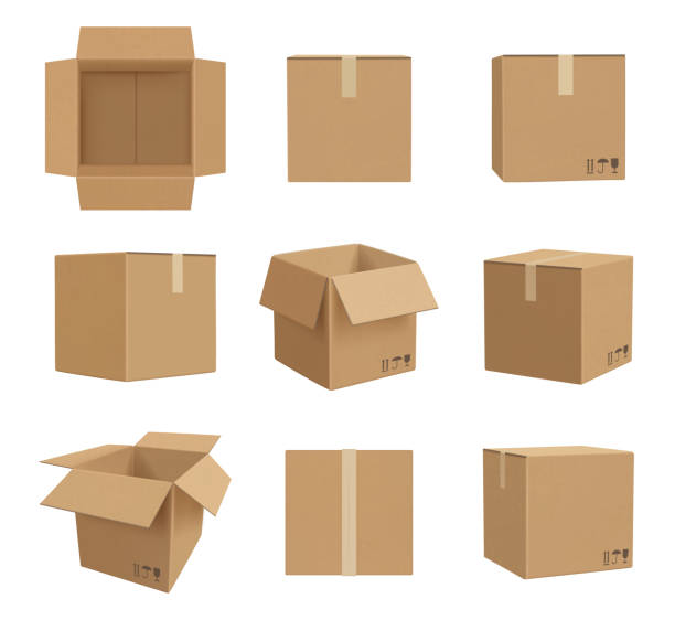 kartony. dostarczaj pakiety rzemieślnicze przed i z boku, przyzwoite realistyczne ilustracje wektorowe - carton backgrounds box brown stock illustrations