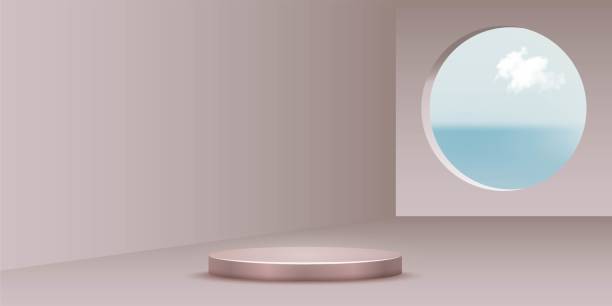 istock Round metal podium and circle window view background. Platform for product presentation, view on blue sky vector illustration. Abstract interior design for presentation display 1295974806