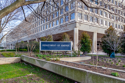 Washington D.C., USA - February 29, 2020: Sign of United States Department of Energy (DOE) outside their headquarters building in Washington, D.C. USA.