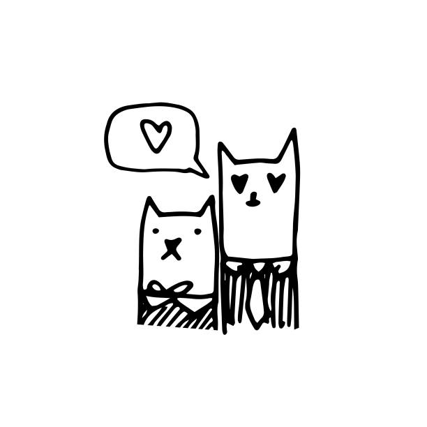 hand-drawn in the style of doodle cats in love. Cute cat and Lady cat together and in a speech bubble heart. Valentine's Day. Drawing cats black outline stylized in costume love cats for invitations . Black outlines isolated on white background vector Hand draw cats in love. Cute cat and lady-cat hug each other and hold a heart in their paws. Valentine's Day. Doodling cats in the heart shape. Black outlines isolated on a white background. Vector. couple tattoo quotes stock illustrations