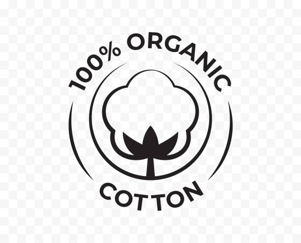 ilustrações de stock, clip art, desenhos animados e ícones de cotton 100 organic icon, bio and eco natural product certificate logo, vector cotton flower stamp - cotton smooth green plant