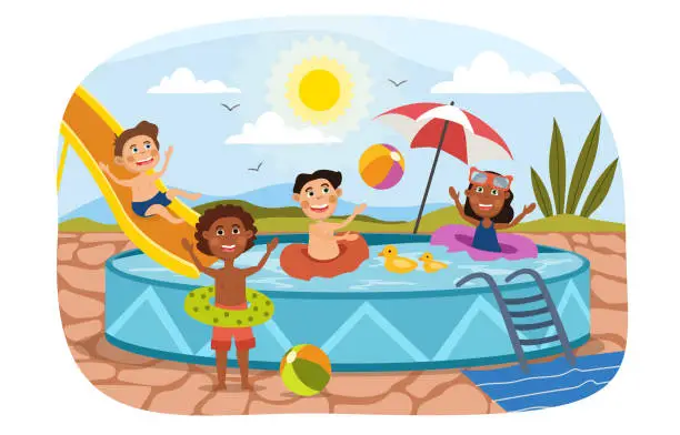 Vector illustration of Group of diverse young kids playing in a pool