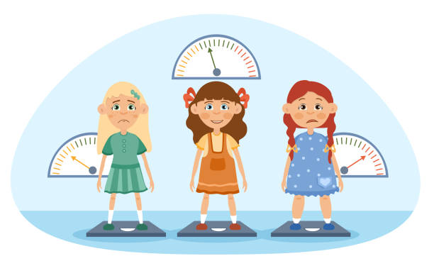 Three young girls being weighed on scales Three young girls being weighed on scales, with one too thin and one overweight looking unhappy and the centre girl smiling happily, colored cartoon vector illustration malnourished stock illustrations
