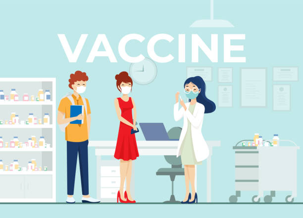 Young couple vaccination for coronavirus at the doctor. Vector illustration on a medical theme. Young couple vaccination for coronavirus at the doctor. Vector illustration on a medical theme senior getting flu shot stock illustrations