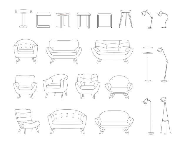 Set of furniture for a living room or office in outline style. Sofa, armchair, lamp, table. Items for the design of the apartment are drawn with a black line. Vector illustration Set of furniture for a living room or office in outline style. Sofa, armchair, lamp, table. Items for the design of the apartment are drawn with a black line. Vector illustration isolated on white armchair stock illustrations