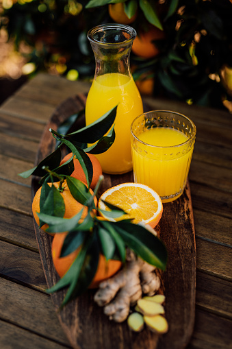 orange juice and oranges on table in garden