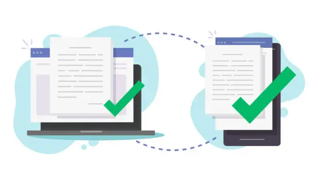 Vector illustration of Share files wirelessly between computer pc and mobile cell phone vector, transfer digital documents via smartphone and laptop, send info data between connected devices via wifi