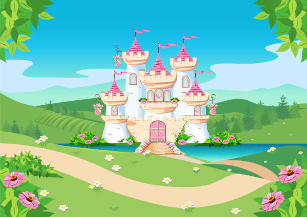 illustrazioni stock, clip art, cartoni animati e icone di tendenza di sfondo fiabesco con castello principessa - castle fairy tale illustration and painting fantasy