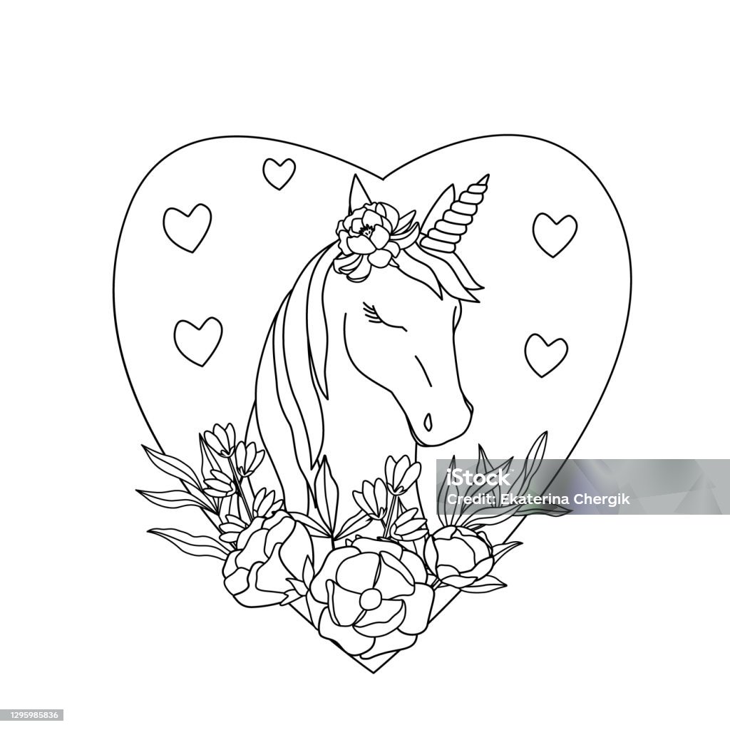 Coloring Book With Beautiful Unicorn With Flowers Valentines Sketch With A  Horse With Closed Eyes Black Outline On A White Background In The Shape Of  A Heart Stock Illustration - Download Image