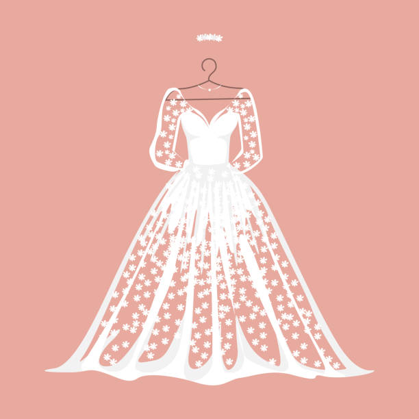 ilustrações de stock, clip art, desenhos animados e ícones de white lace wedding dress on a hanger - wedding dress