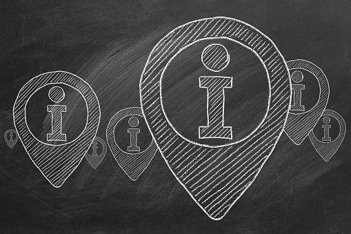 Letters I. Information signs. Info icons drawn in chalk on a blackboard.