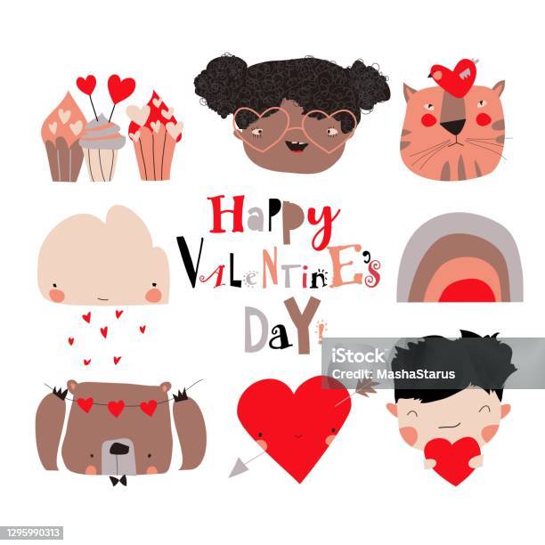 Valency Cartoon Cartoon Set With Valentines Day Elements On White Background Stock ...