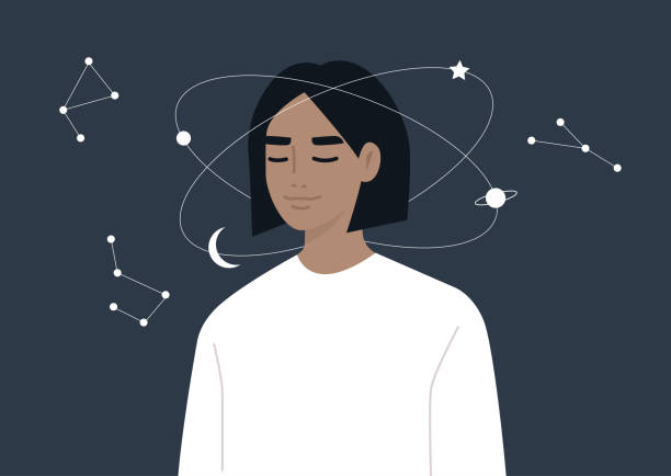 istock Young dreamy female character imagining the universe spinning around their head, calm mind and meditation, esoteric knowledge 1295990527