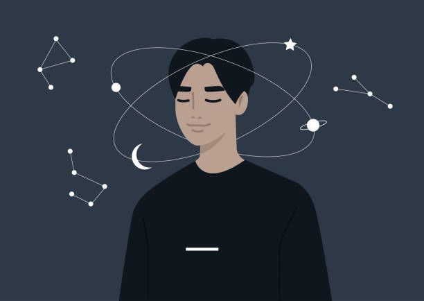istock Young dreamy male Asian character imagining the universe spinning around their head, calm mind and meditation, esoteric knowledge 1295990531