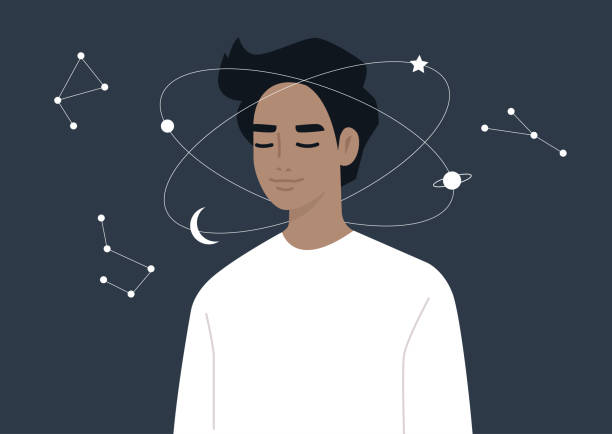 istock Young dreamy male character imagining the universe spinning around their head, calm mind and meditation, esoteric knowledge 1295990537