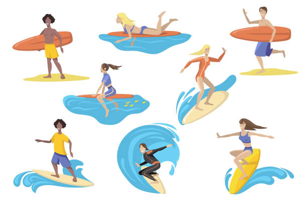 illustrations, cliparts, dessins animés et icônes de surfers heureux avec l’ensemble plat de planches de surf pour la conception de web - surfer