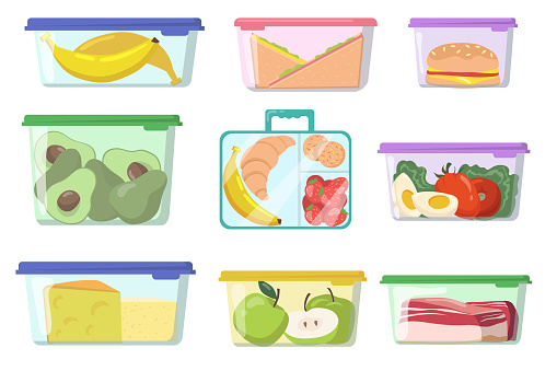 Plastic containers with various food flat set for web design. Cartoon lunch boxes with fresh meal isolated vector illustration collection. Nutrition and storage concept