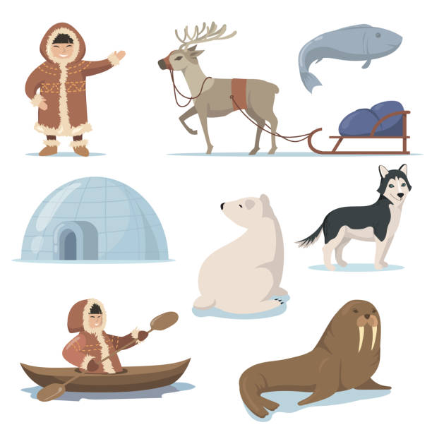аляска элементы и счастливые эскимосы плоский набор для веб-дизайна - inuit culture stock illustrations