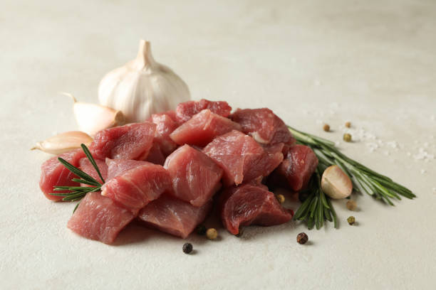 istock Raw meat with herbs and spices on white textured background 1295991668